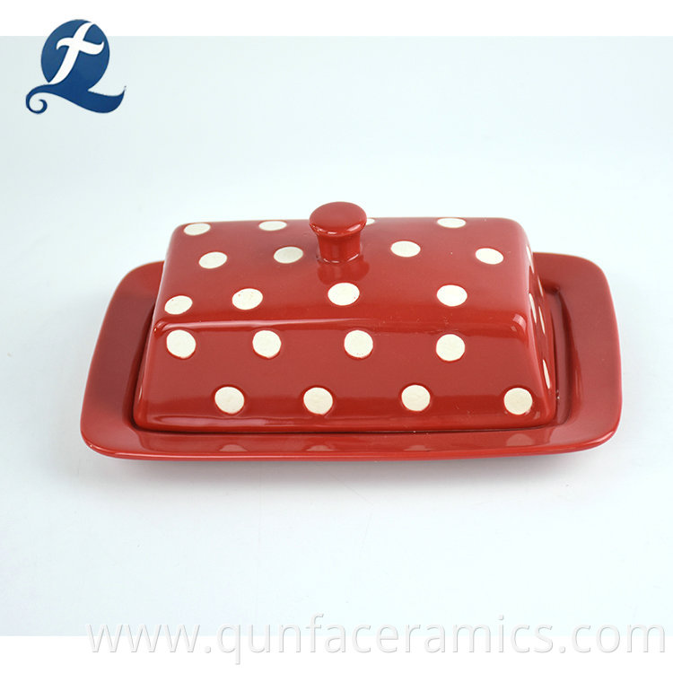 Custom colorful Fashion spot white porcelain rectangle ceramic butter dish